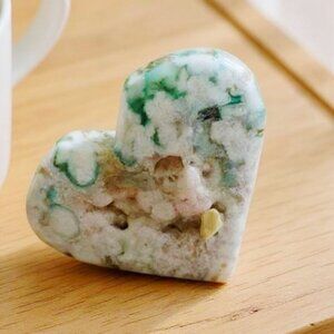 Heart-Shaped Cherry Blossom Agate ✦ Polished Green & White Palm Stone ✦ 30g